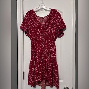 Red Floral V-Neck Short Sleeve Dress L Plus
